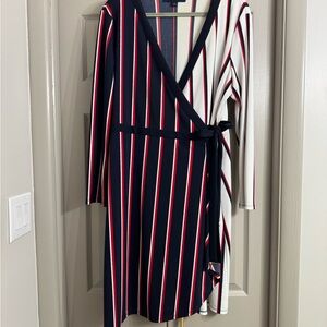 Tommy Hilfiger Navy, White & Red Striped Faux-Wrap Long Sleeve Dress